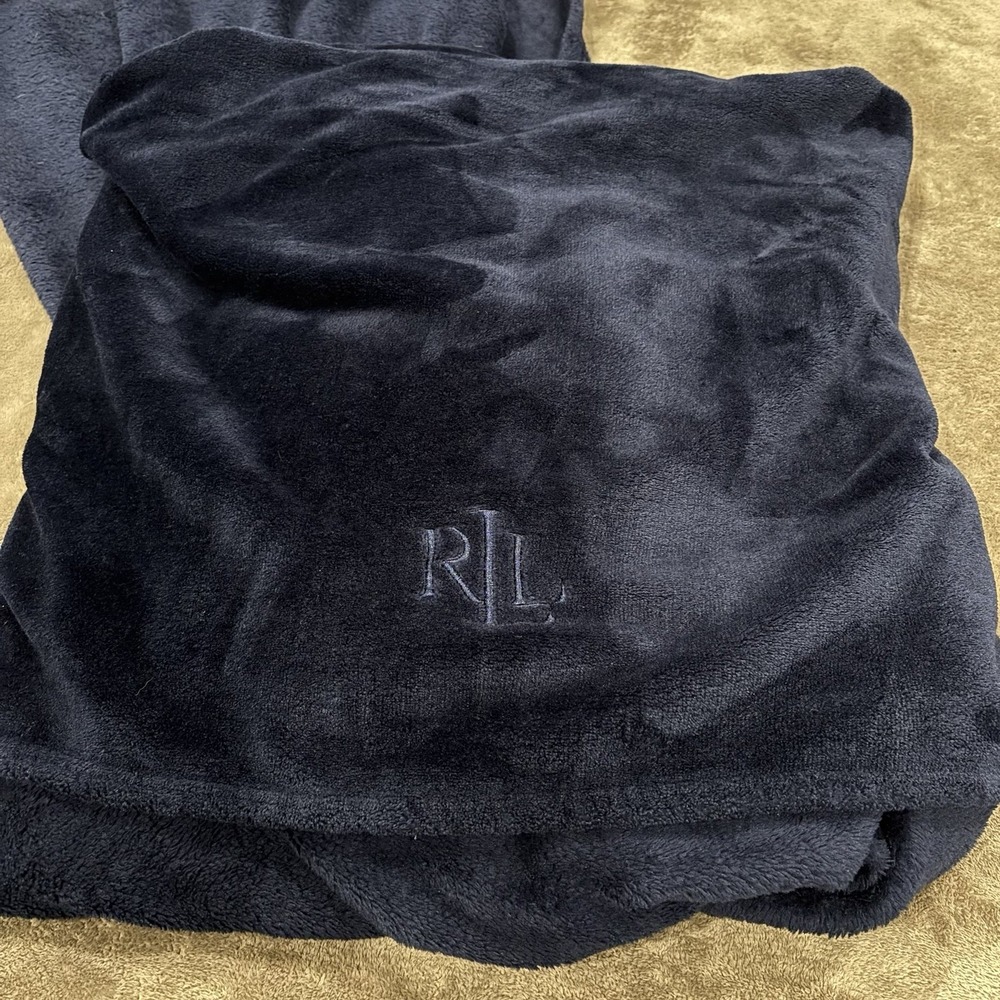 Lauren Ralph Lauren Micromink Plush Embroidered Twin Extra Long Blanket Navy